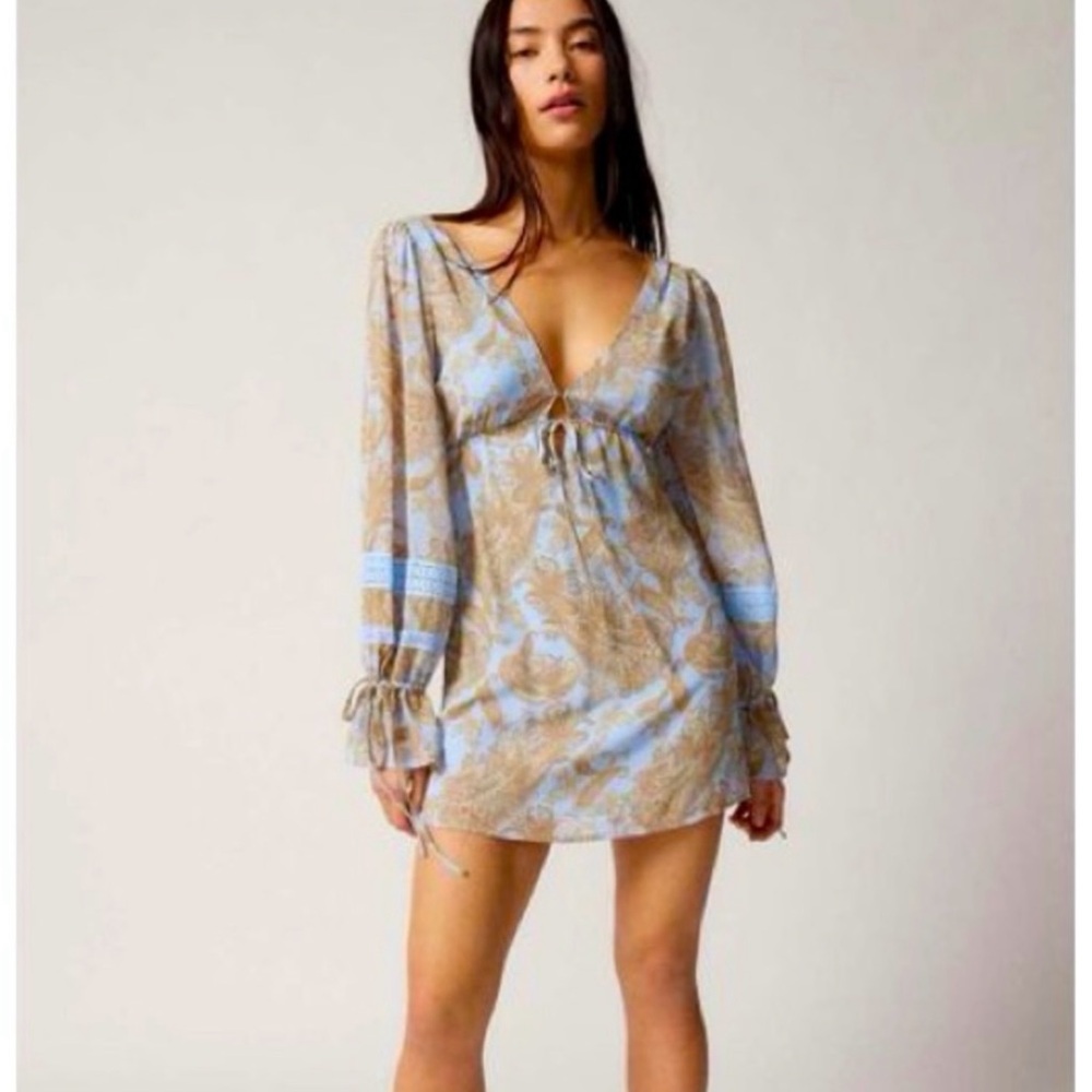 Urban Outfitters Bell-Sleeve Plunge Neckline Open Back Mini Dress